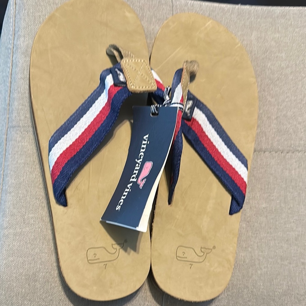 Vineyard Vines Tan Flip Flops with Red and Blue Straps